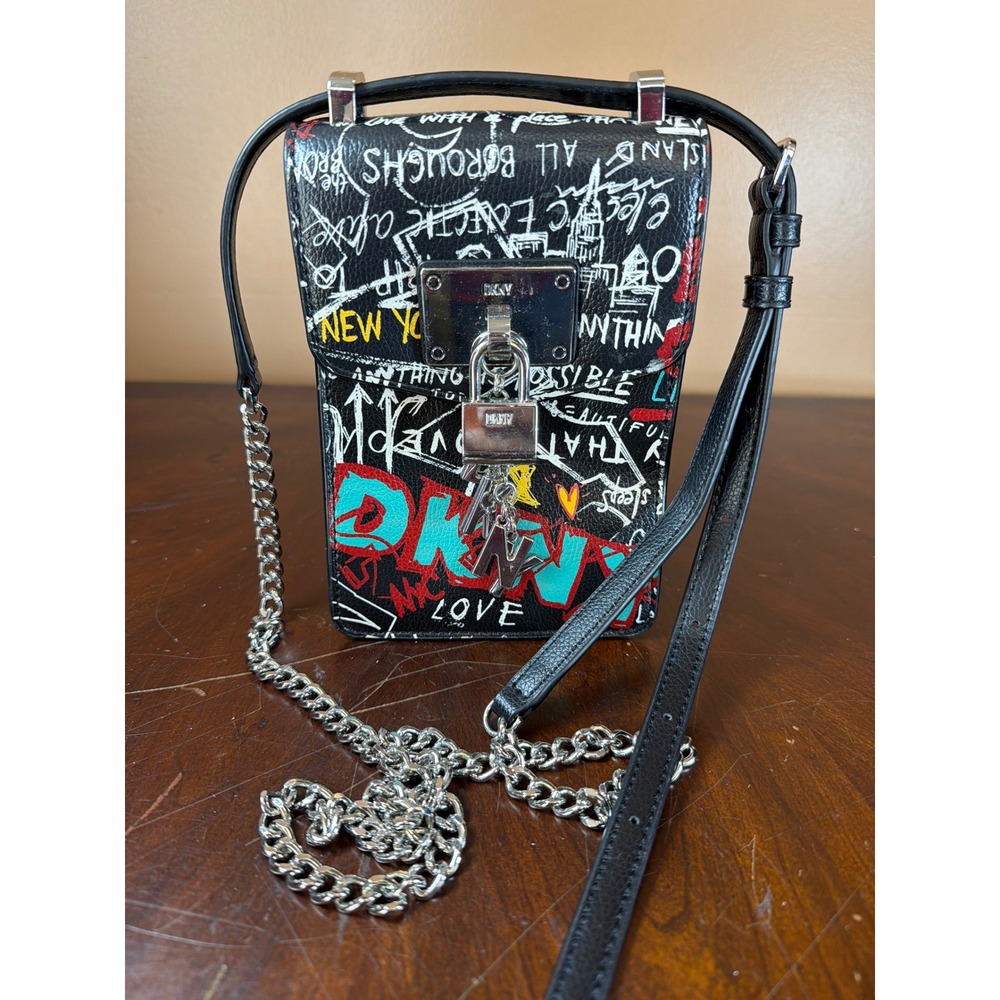 DKNY Elissa Graffiti‎ Crossbody Bag Black Leather NYC Street Art Phone Bag